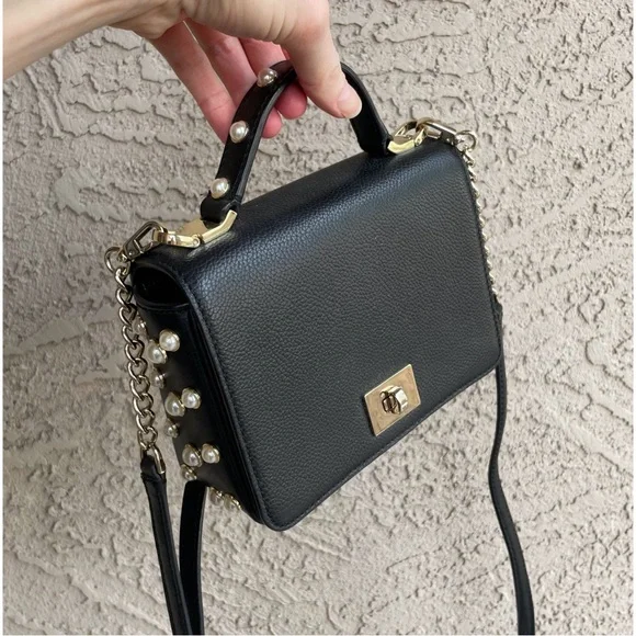 KATE SPADE Black Glitter Leather Serrano Place Pearl Mini Satchel Crossbody Bag